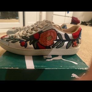 Gucci silver web accent leather sneakers..